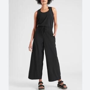 Athleta Revive Jumpsuit Black Racerbank Tank Tie Waist Wide Leg Size 4